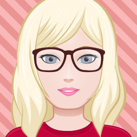 Illustrated avatar of Katherine. She is smiling. She is wearing glasses, and she has shoulder-length blonde hair and blue eyes. She is wearing a dark pink top and is against a light pink stripy background.