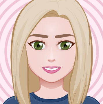 Illustrated avatar of Chloe. Chloe is smiling. She has straight shoulder-length blonde hair with green eyes. She is wearing a dark blue top and is in front of a pink circular patterned background.