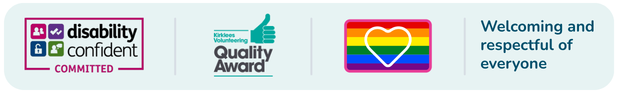 A banner stating that Veera is 'disability confident committed', an award winner of the Kirklees Volunteering Quality Award, and that Veera is welcoming and respectful of everyone, with a LGBTQ+ heart symbol next to it.